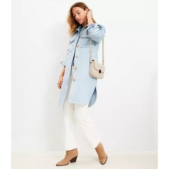 LOFT $200 Twill Long Shirt Jacket Sky Blue MEDIUM PETITE NEW - Picture 2 of 8